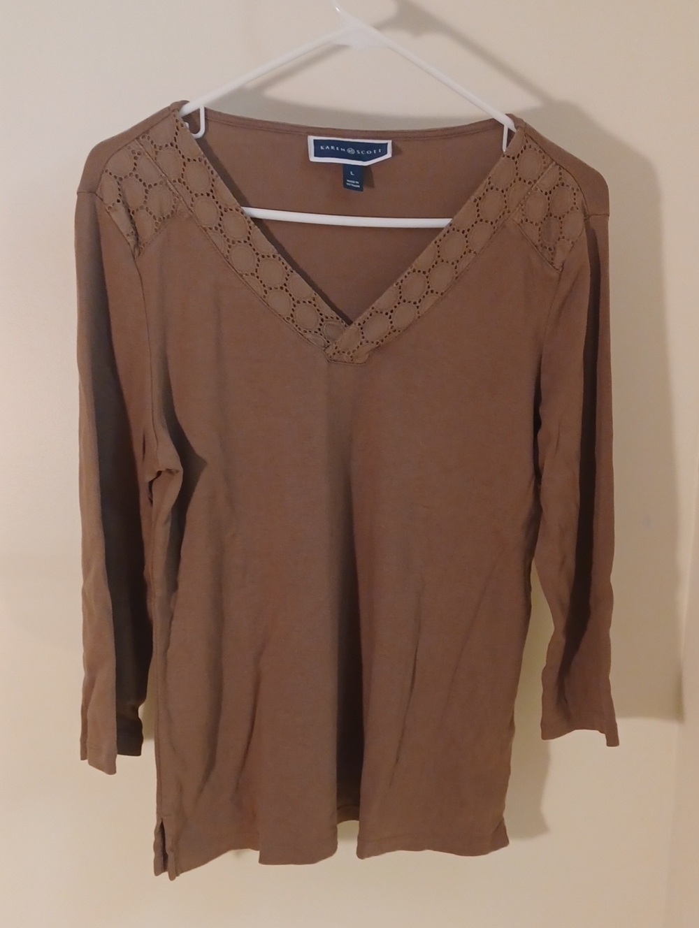 Karen Scott Brown V-Neck Long Sleeve Top with Eyelet Detail